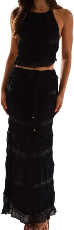 Women Y2k 2 Piece Outfits Patchwork Front Tie-Up Camisoles Ruched Ruffle Skirt Set Elastic Waist Beachwear (Black,Large)