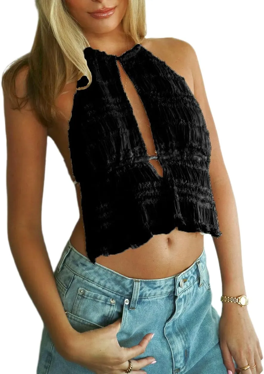 Women Y2k Halter Neck Tank Top Mesh Lace Backless Cami Top Sleeveless Tie Up Crop Top Going Out Streetwear