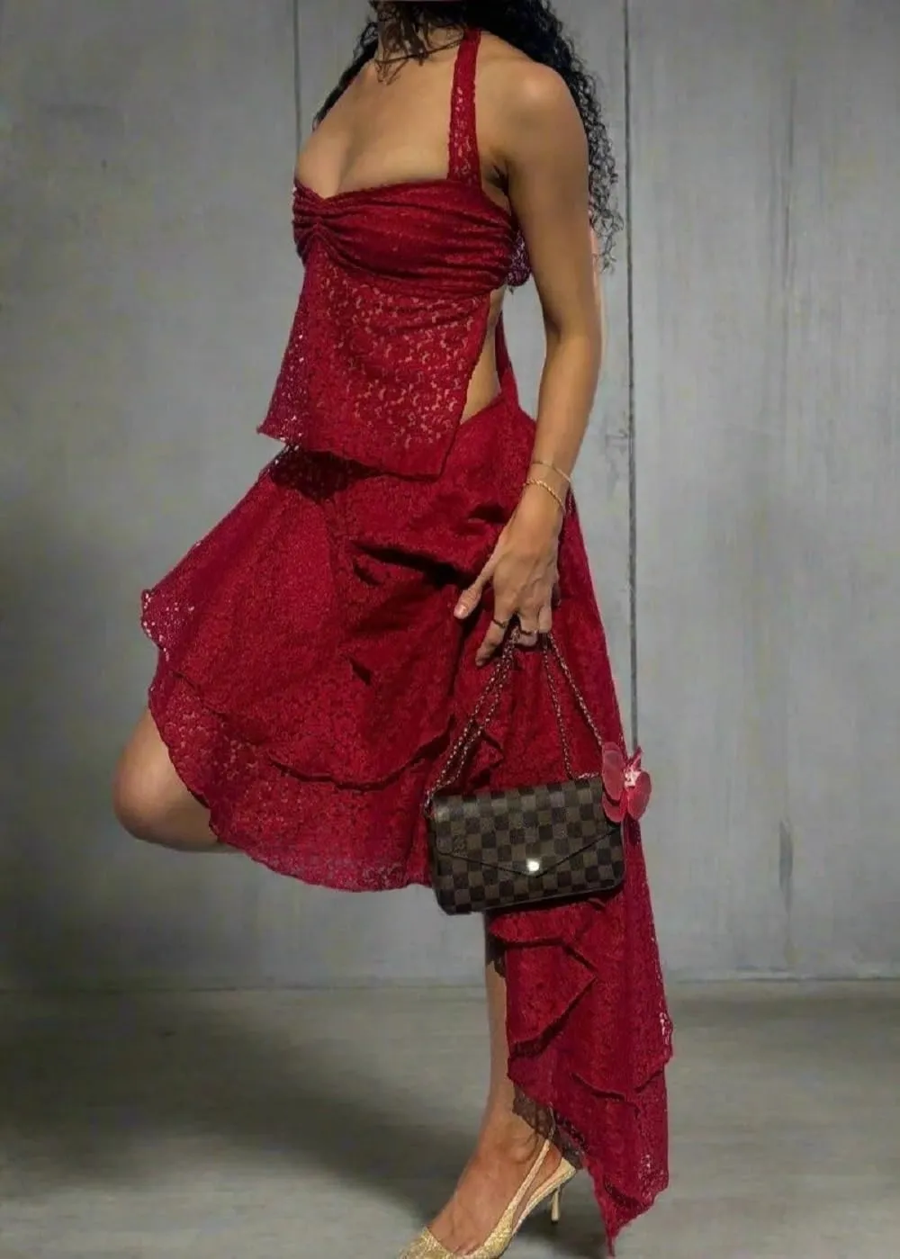 Women Y2K Lace 2 Piece Skirt Set Floral Lace Square Neck Tank Top See Through Ruffle Long Skirt Outfit Streetwear