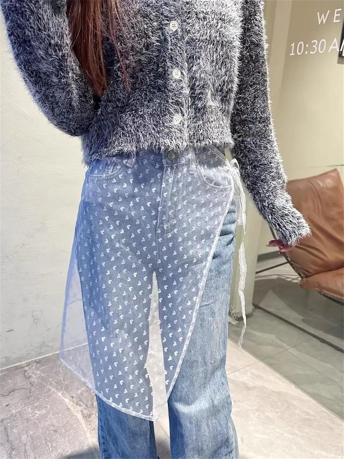 Women Y2k Print Lace Extender Tie Up Removable Layering Long Skirt Over Pants Solid Sheer Tulle Petticoat Half Slips