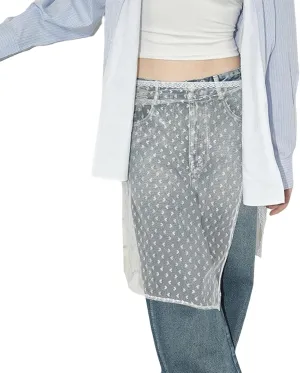 Women Y2k Print Lace Extender Tie Up Removable Layering Long Skirt Over Pants Solid Sheer Tulle Petticoat Half Slips