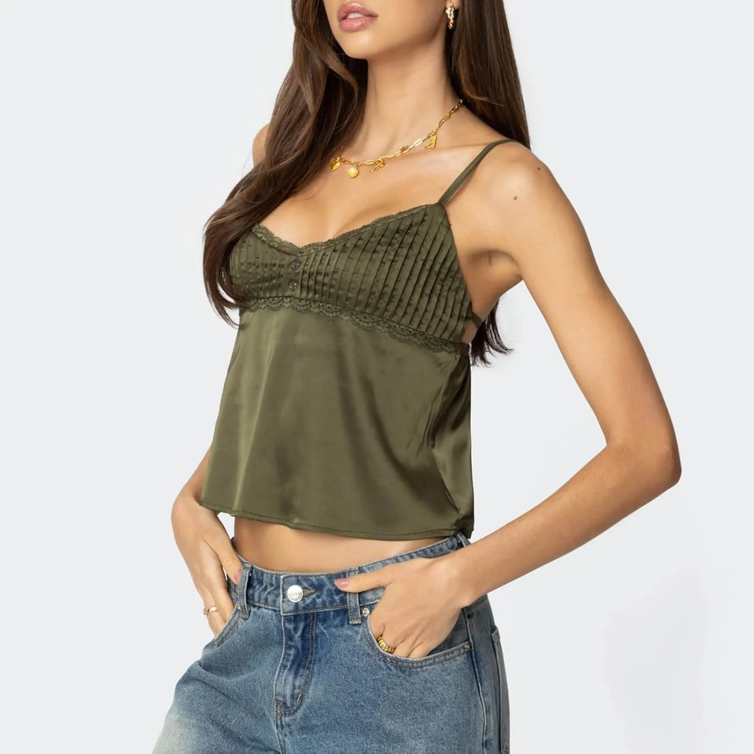 Women Y2k Tank Tops Lace Trim Cami Spaghetti Strap Top Cute Going Out Top