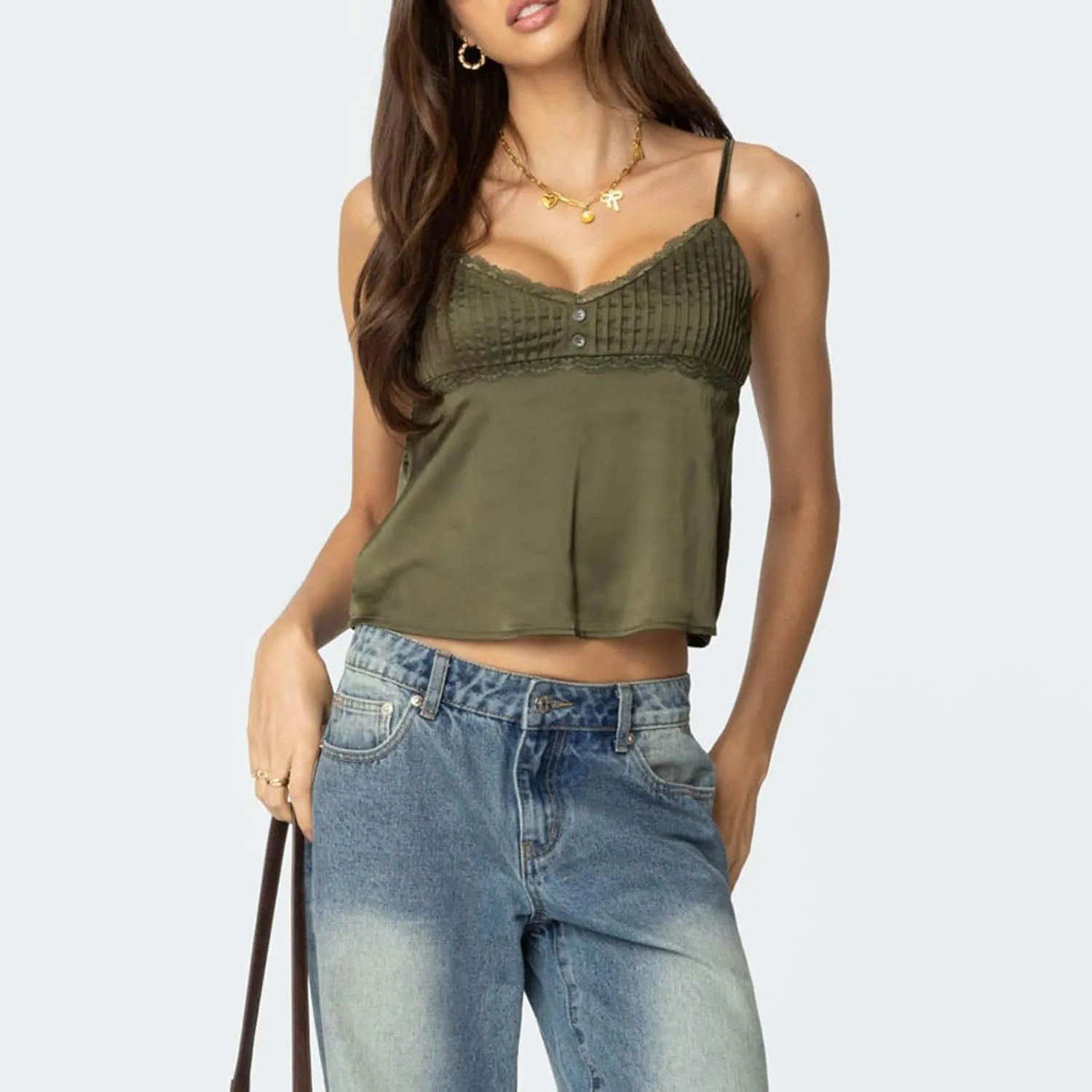 Women Y2k Tank Tops Lace Trim Cami Spaghetti Strap Top Cute Going Out Top