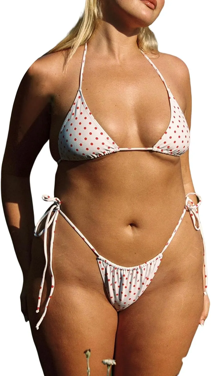 Women's 2 Piece Bikini Set Polka Dot Print Halter Triangle Bikini Top with Side Tie Thong Swimsuit