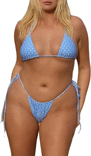 Women's 2 Piece Bikini Set Polka Dot Print Halter Triangle Bikini Top with Side Tie Thong Swimsuit