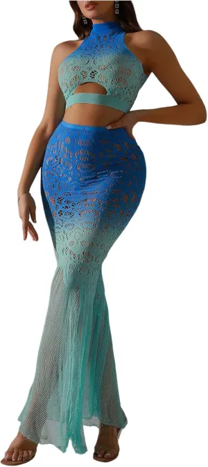 Women's 2 Piece Lingerie Set Ombre Sheer Sleeveless Tank Crop Tops Bodycon Maxi Skirt Sexy Lingerie