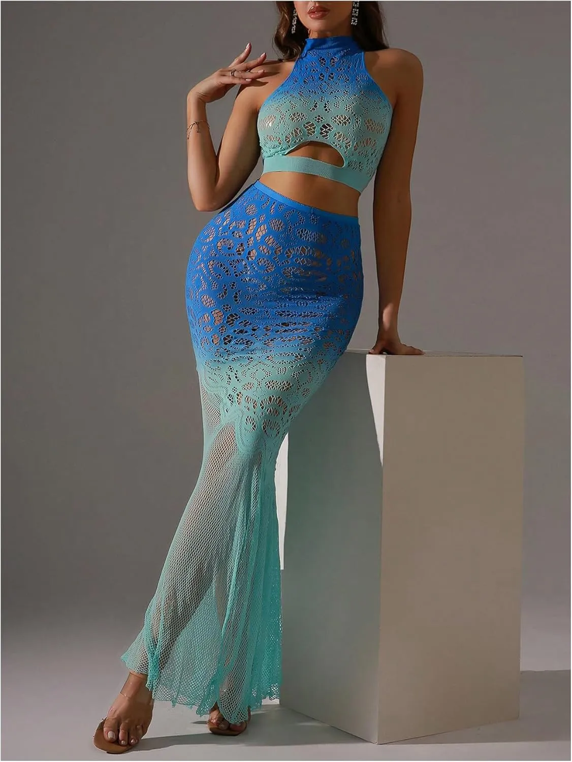 Women's 2 Piece Lingerie Set Ombre Sheer Sleeveless Tank Crop Tops Bodycon Maxi Skirt Sexy Lingerie