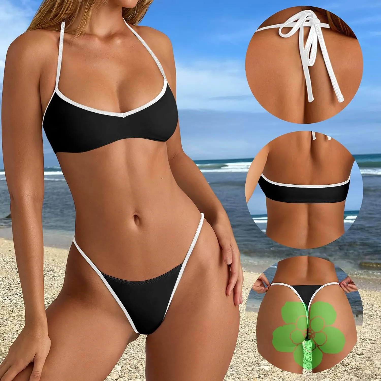 Women's 2 Piece String Bikini Set Sexy Bathing Suit with Adjustable Halter Neck and Thong Swimwear