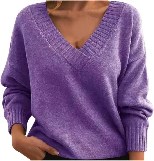 Women's 2024 Fall Knit Sweater Long Sleeve Tops Trendy Casual Loose Fit Outfits V Neck Oversized Pullover Sweaters