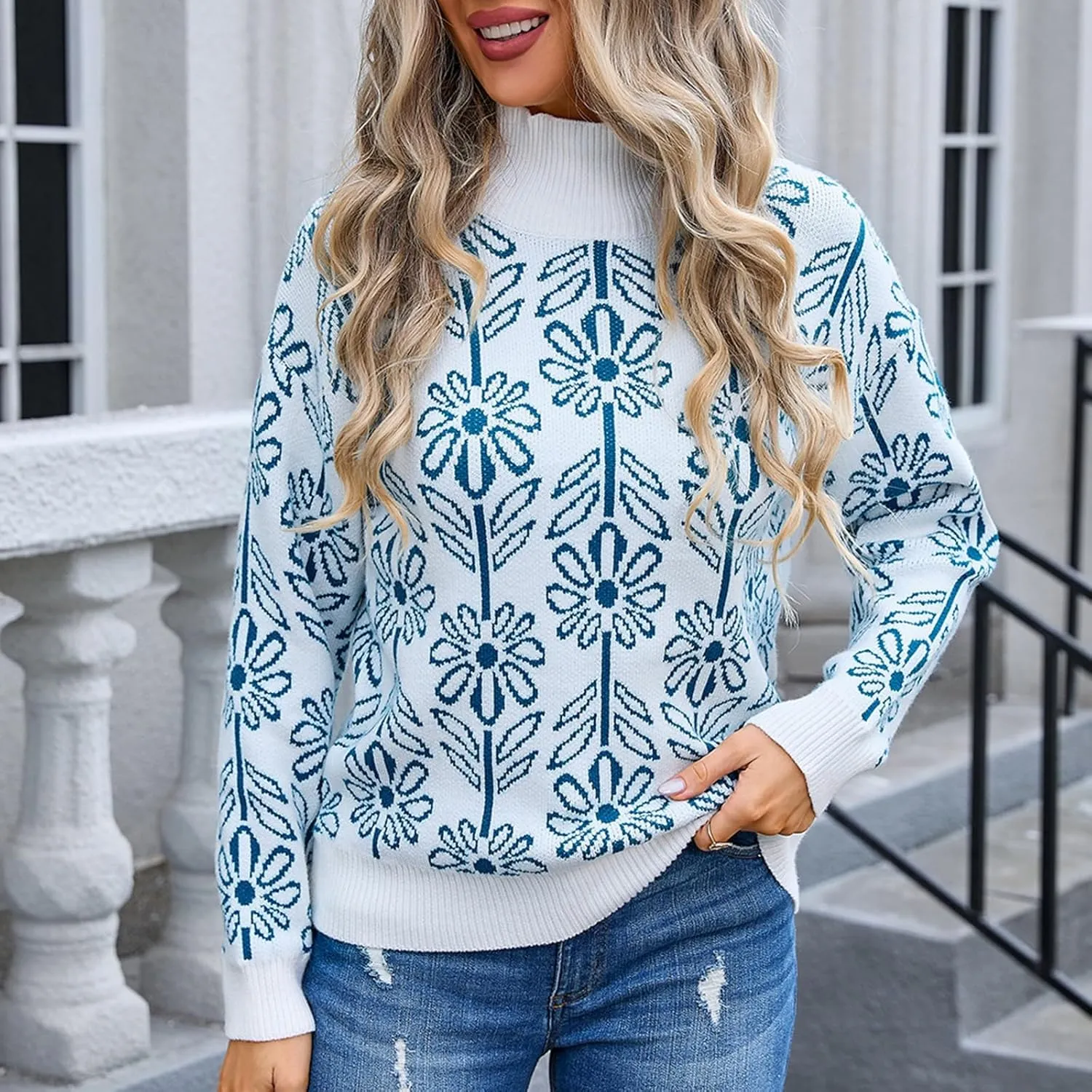 Women's 2024 Fall Turtleneck Batwing Long Sleeve Pullover Sweater Ribbed Knit Casual Soft Oversized Jumper Tops