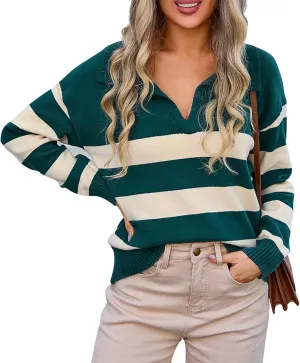 Women's 2024 Fall Winter Striped Color Block Sweater Long Sleeve V Neck Casual Loose Knit Pullover Tops Plus Size