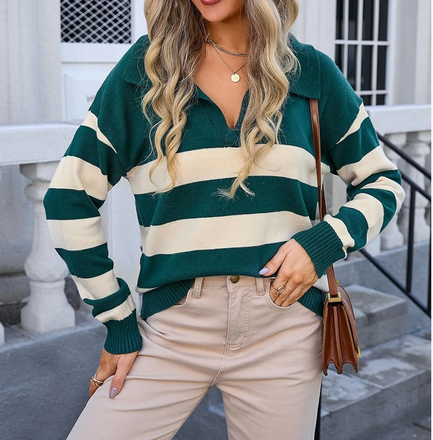 Women's 2024 Fall Winter Striped Color Block Sweater Long Sleeve V Neck Casual Loose Knit Pullover Tops Plus Size