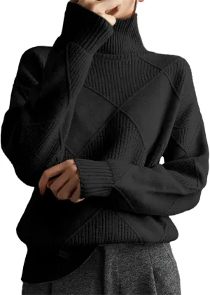 Womens 2024 Fashion Color Block Turtleneck Sweaters Casual Knit Pullover Cozy Long Sleeve Oversized Loose Jumper Tops
