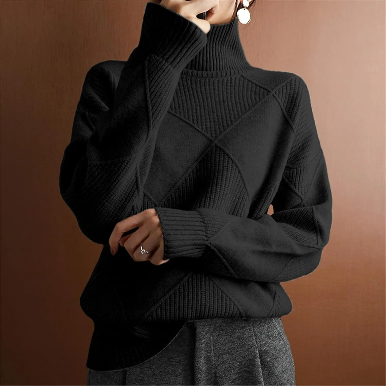 Womens 2024 Fashion Color Block Turtleneck Sweaters Casual Knit Pullover Cozy Long Sleeve Oversized Loose Jumper Tops