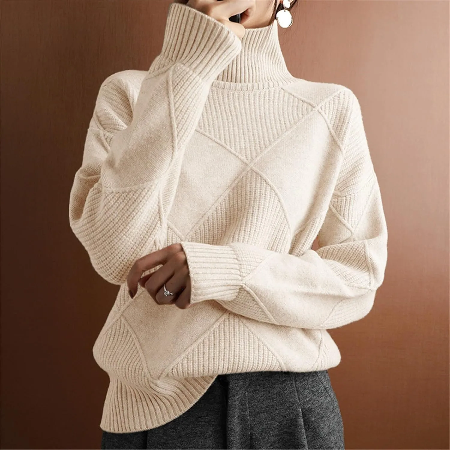 Womens 2024 Fashion Color Block Turtleneck Sweaters Casual Knit Pullover Cozy Long Sleeve Oversized Loose Jumper Tops