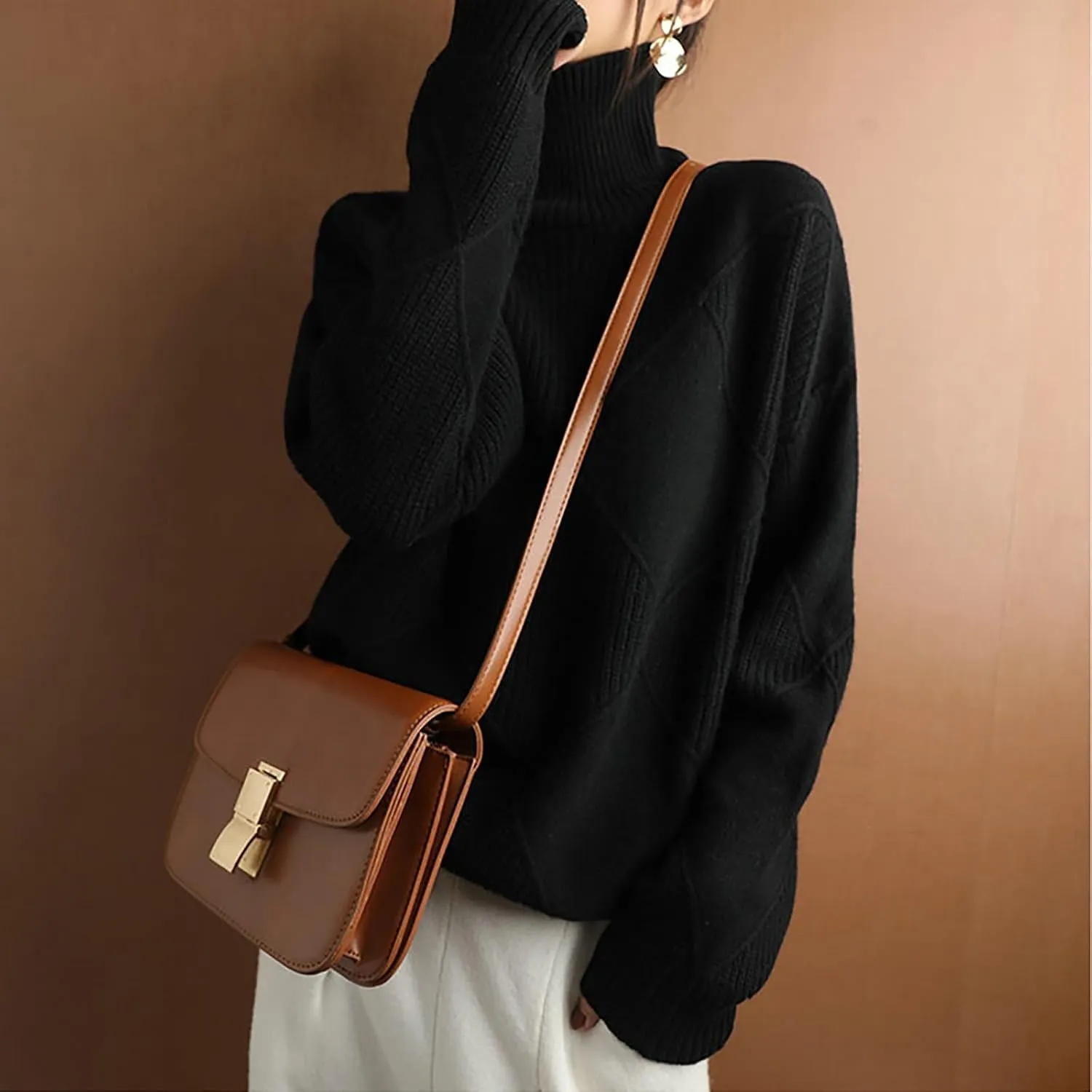 Womens 2024 Fashion Color Block Turtleneck Sweaters Casual Knit Pullover Cozy Long Sleeve Oversized Loose Jumper Tops