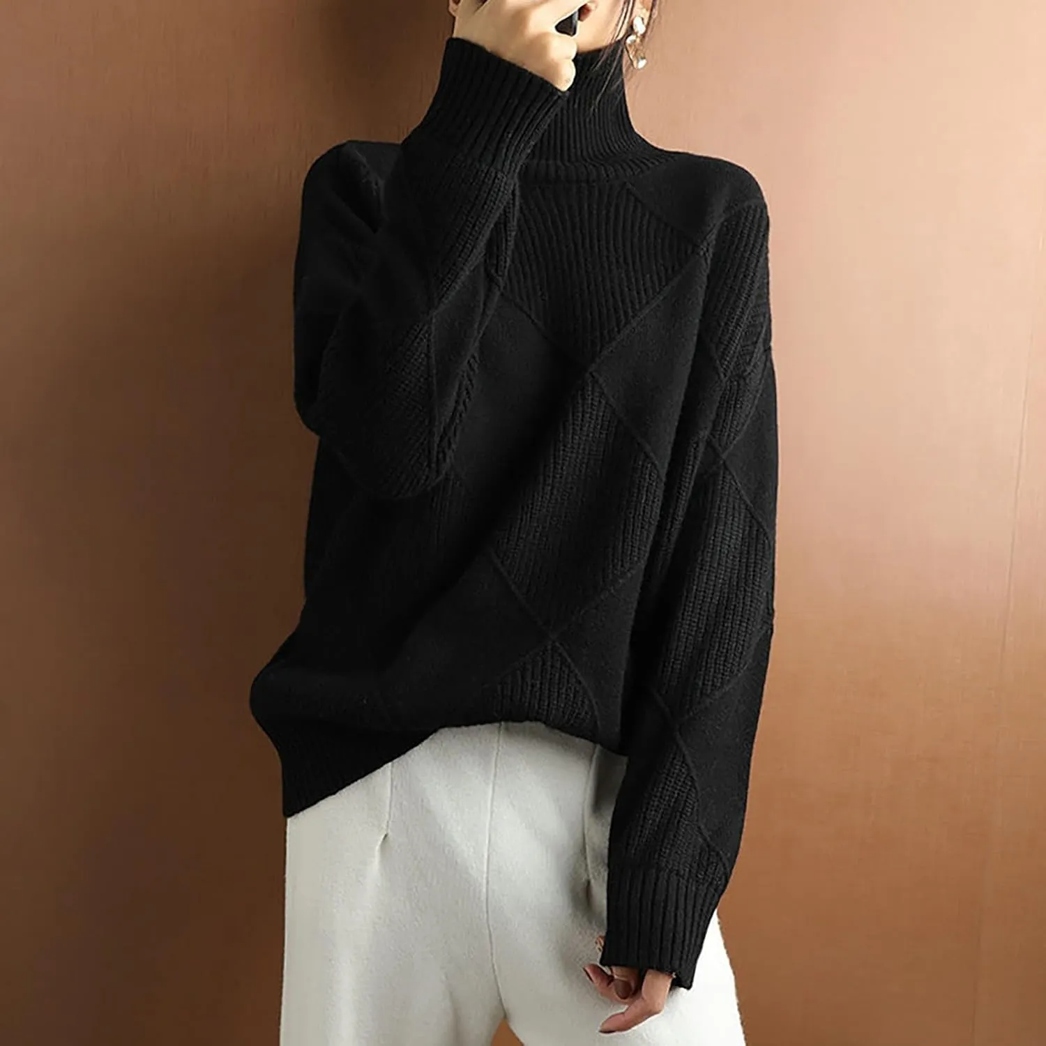 Womens 2024 Fashion Color Block Turtleneck Sweaters Casual Knit Pullover Cozy Long Sleeve Oversized Loose Jumper Tops