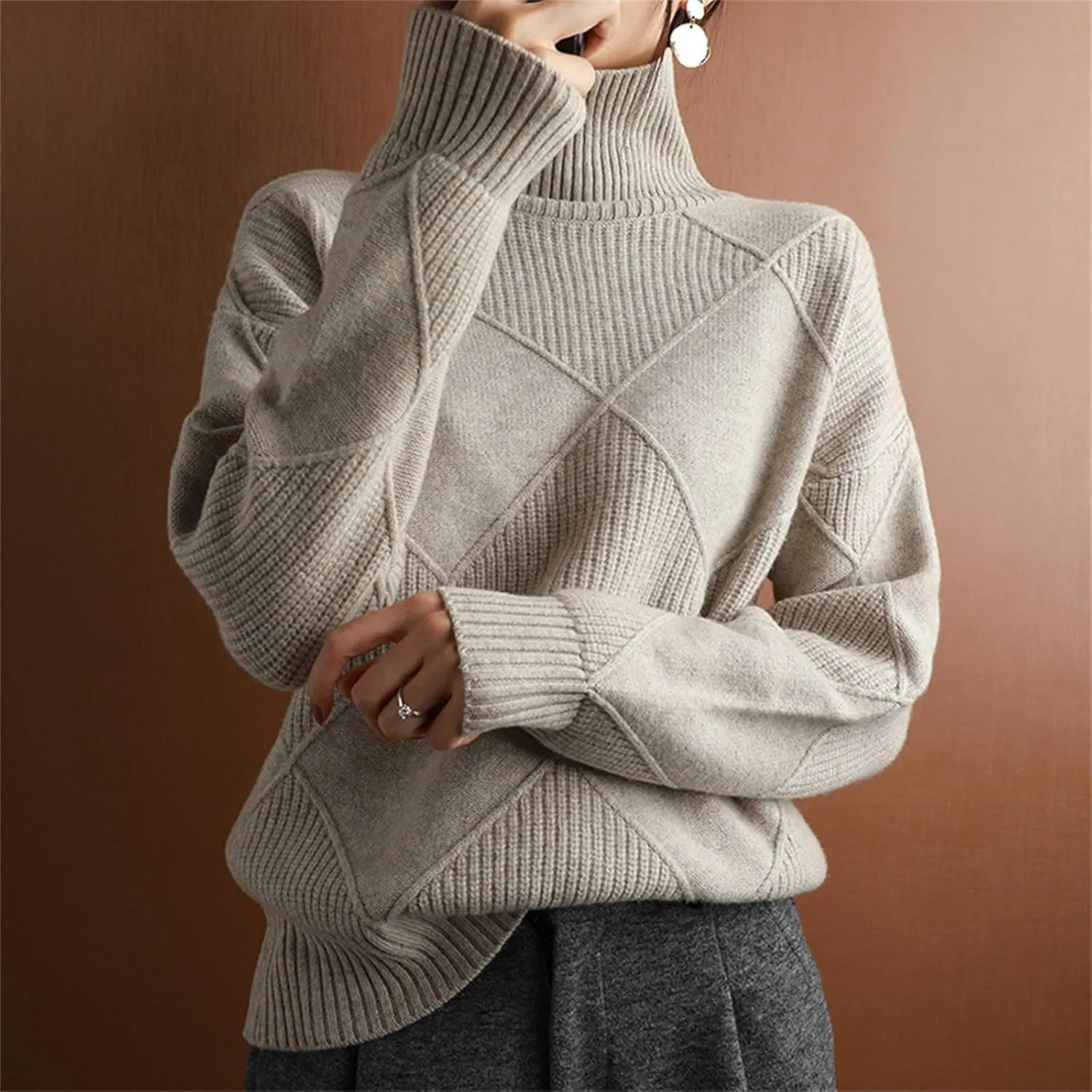 Womens 2024 Fashion Color Block Turtleneck Sweaters Casual Knit Pullover Cozy Long Sleeve Oversized Loose Jumper Tops
