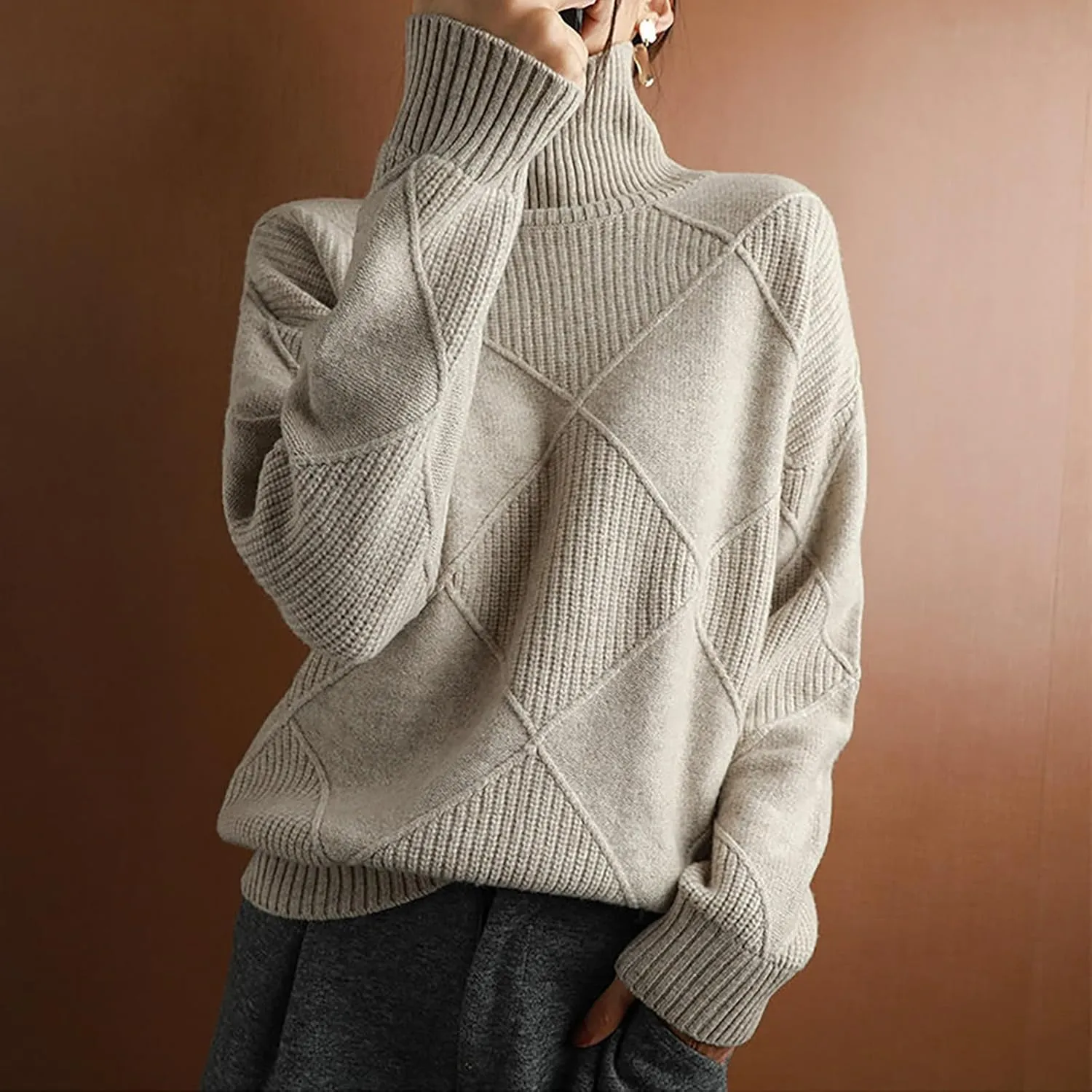 Womens 2024 Fashion Color Block Turtleneck Sweaters Casual Knit Pullover Cozy Long Sleeve Oversized Loose Jumper Tops
