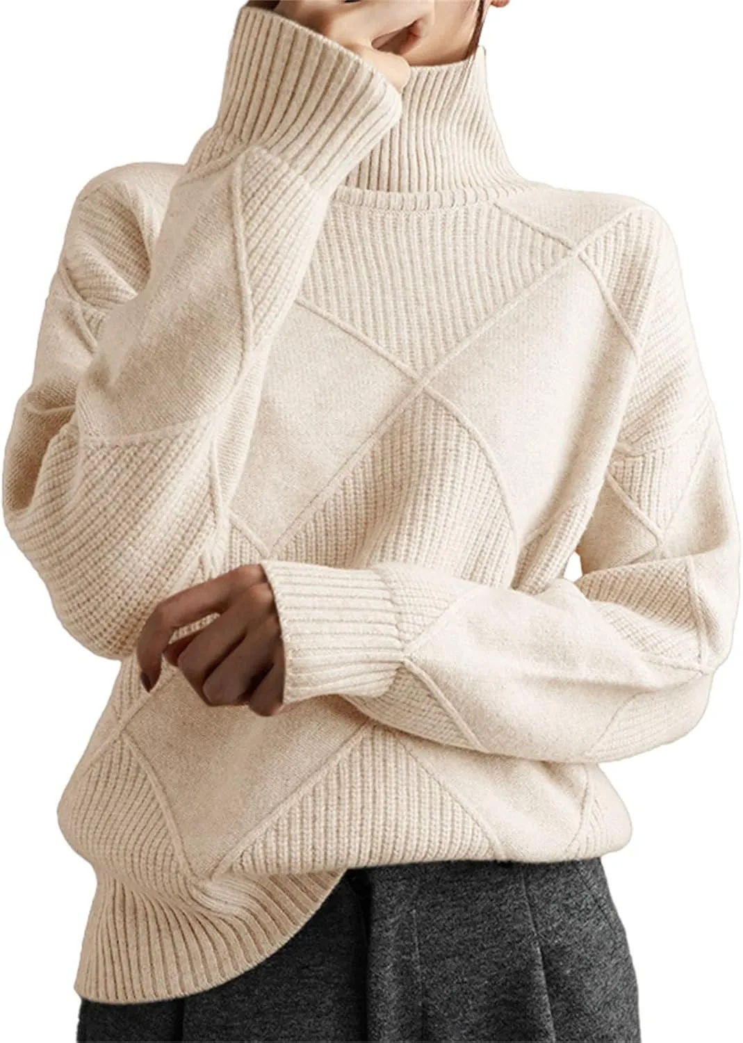 Womens 2024 Fashion Color Block Turtleneck Sweaters Casual Knit Pullover Cozy Long Sleeve Oversized Loose Jumper Tops