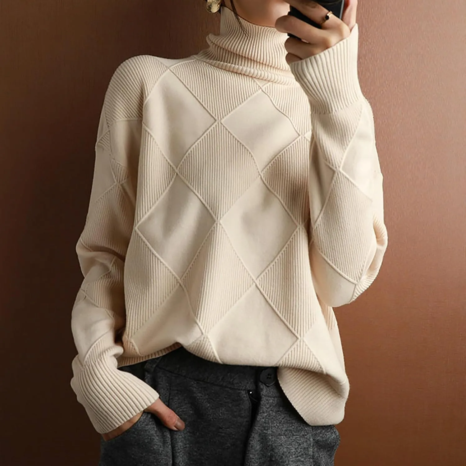 Womens 2024 Fashion Color Block Turtleneck Sweaters Casual Knit Pullover Cozy Long Sleeve Oversized Loose Jumper Tops