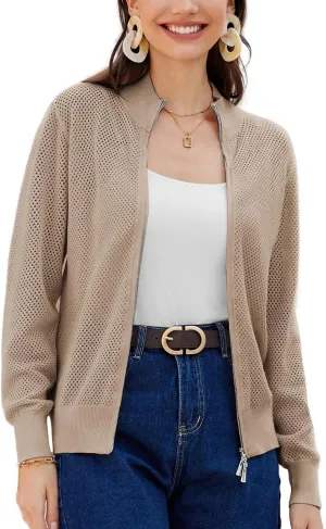 Women's 2025 Summer Mesh Cardigan Lightweight Long Sleeve Zip Up Crochet Knit Sweater Jacket Athleisure Outfits