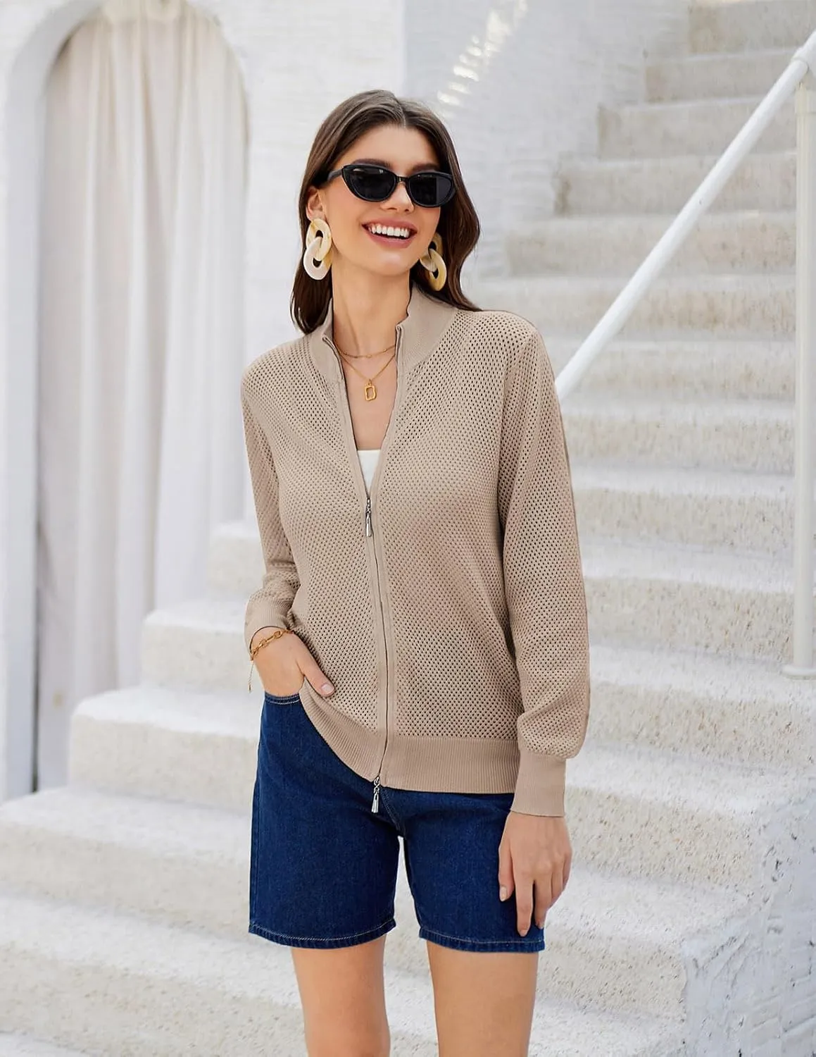 Women's 2025 Summer Mesh Cardigan Lightweight Long Sleeve Zip Up Crochet Knit Sweater Jacket Athleisure Outfits