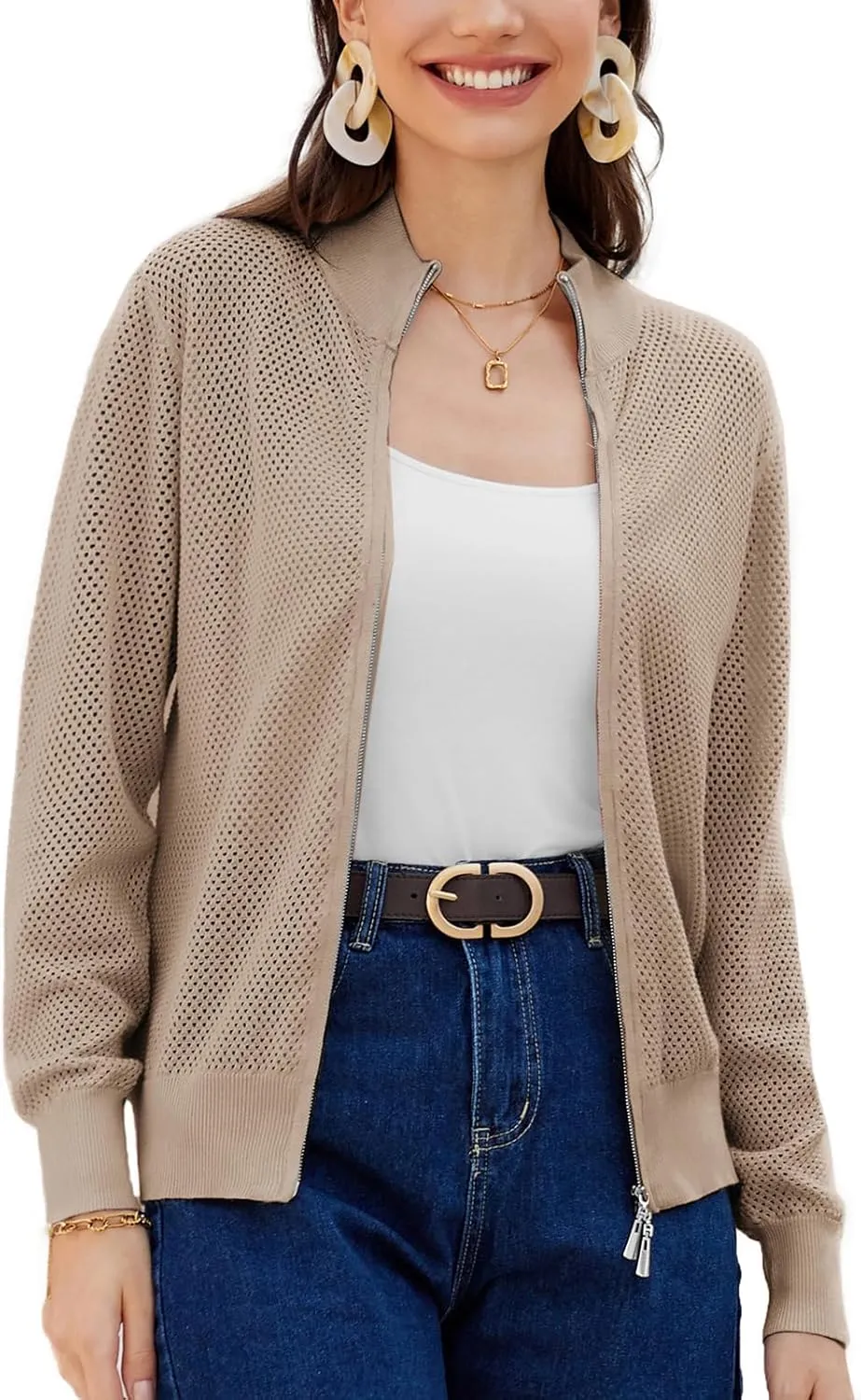 Women's 2025 Summer Mesh Cardigan Lightweight Long Sleeve Zip Up Crochet Knit Sweater Jacket Athleisure Outfits