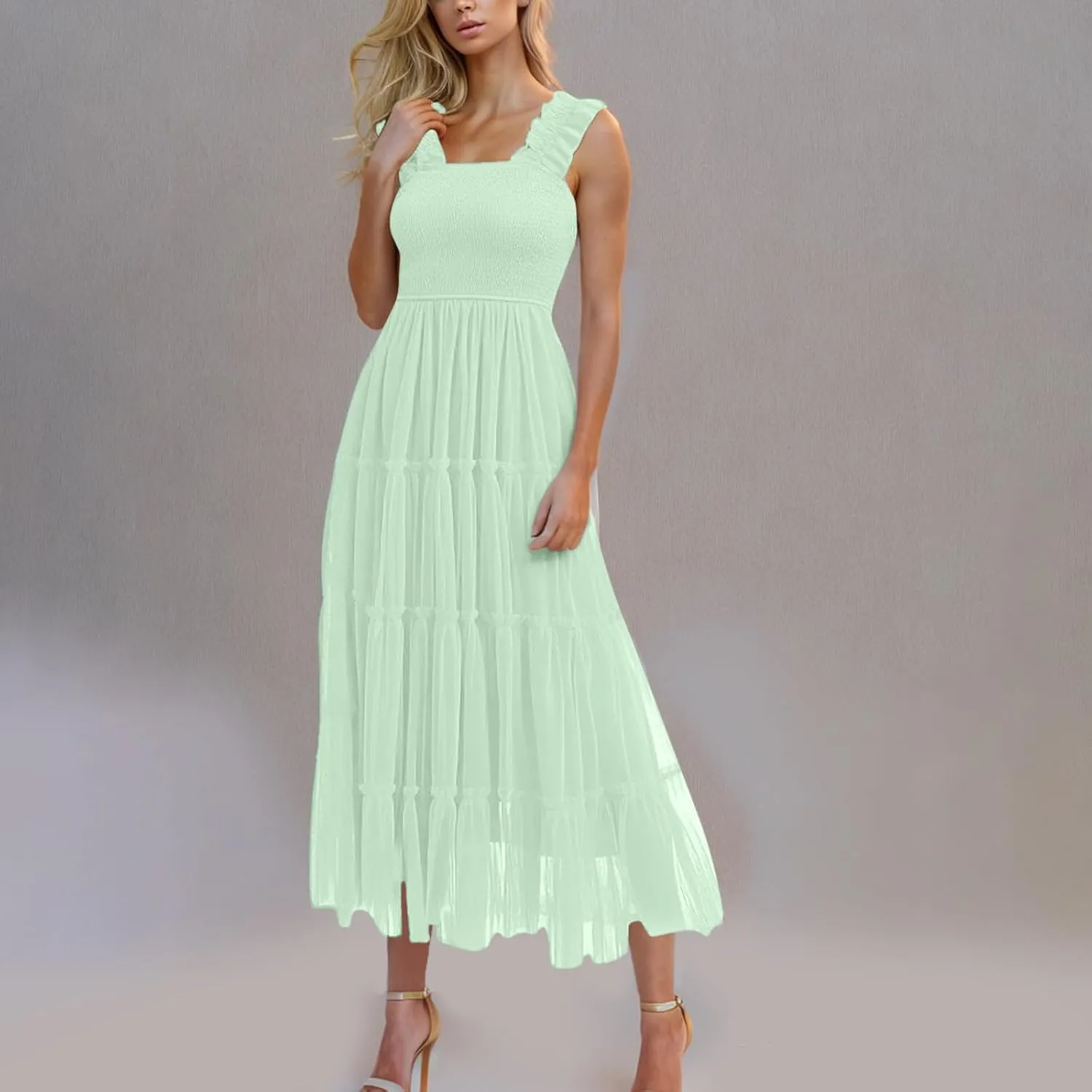 Women's 2025 Summer Solid Color Boho Dress Square Neck Strapped Swing A Line Sundress Beach Long Layering Maxi Outfit