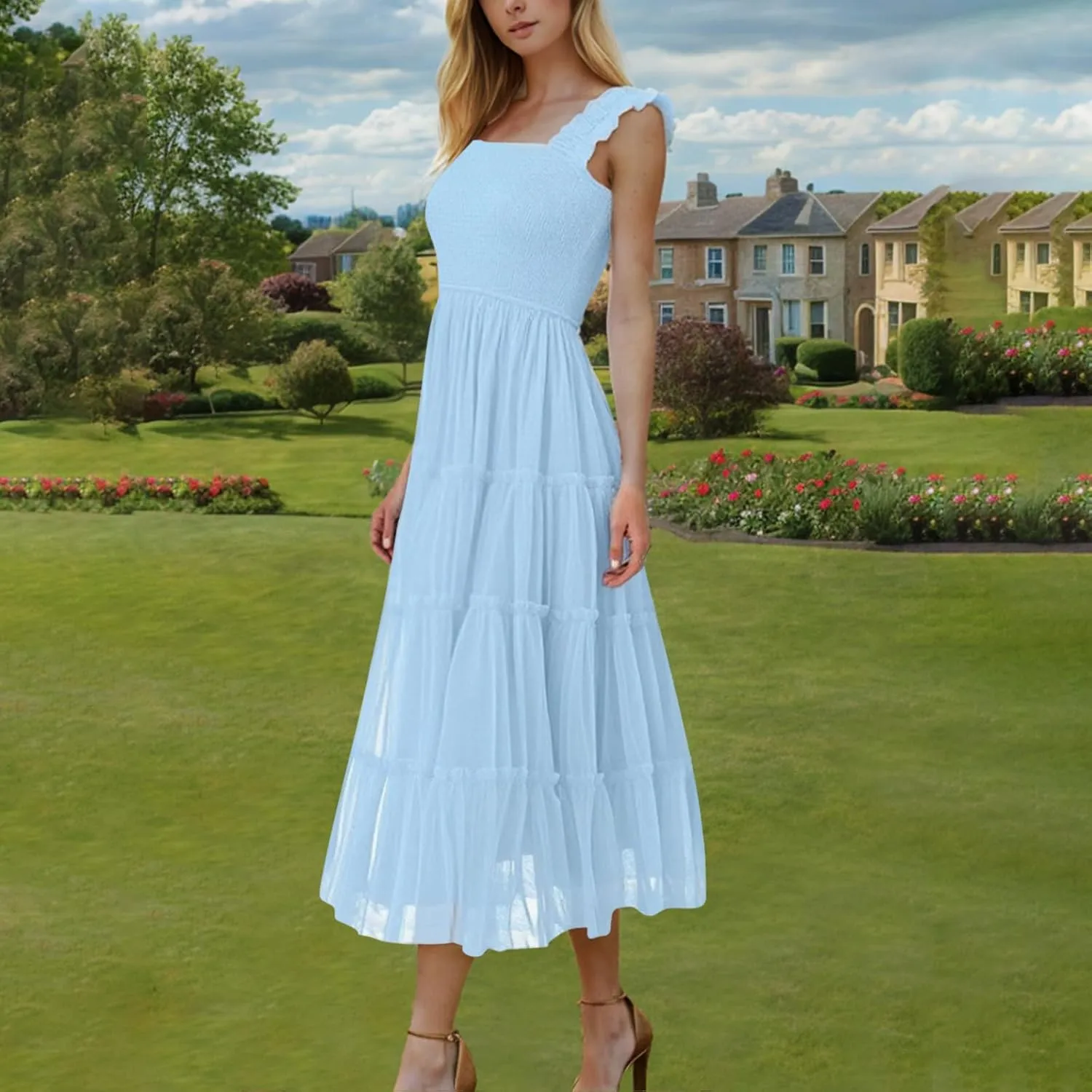 Women's 2025 Summer Solid Color Boho Dress Square Neck Strapped Swing A Line Sundress Beach Long Layering Maxi Outfit