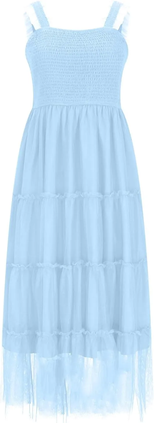 Women's 2025 Summer Solid Color Boho Dress Square Neck Strapped Swing A Line Sundress Beach Long Layering Maxi Outfit
