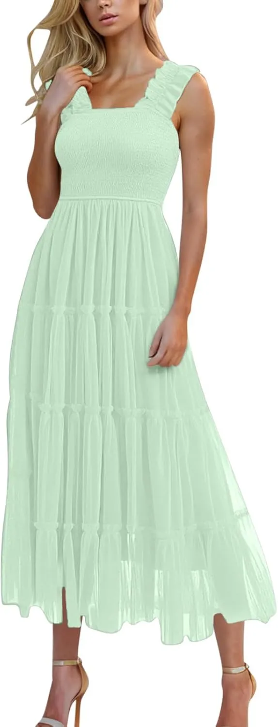 Women's 2025 Summer Solid Color Boho Dress Square Neck Strapped Swing A Line Sundress Beach Long Layering Maxi Outfit