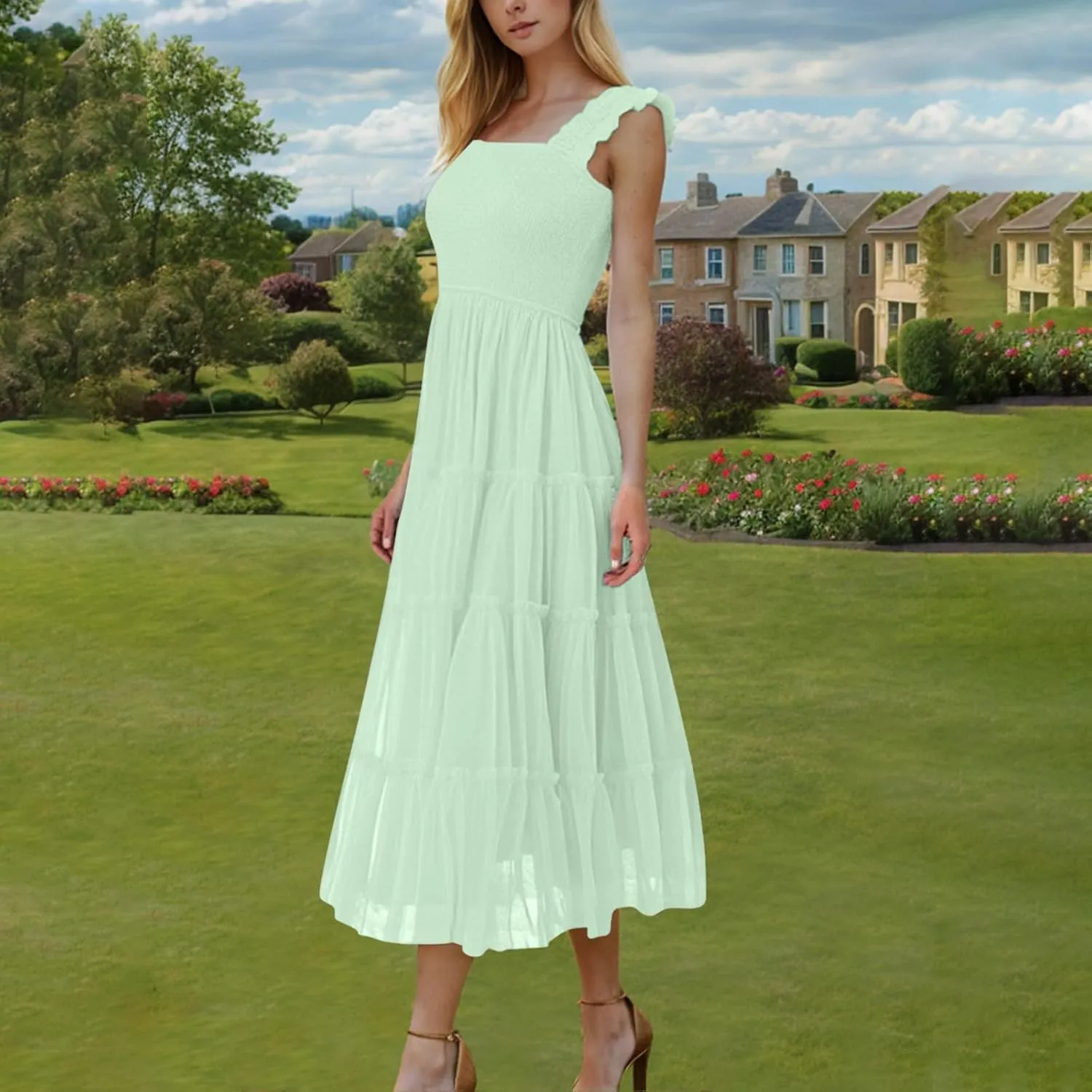 Women's 2025 Summer Solid Color Boho Dress Square Neck Strapped Swing A Line Sundress Beach Long Layering Maxi Outfit