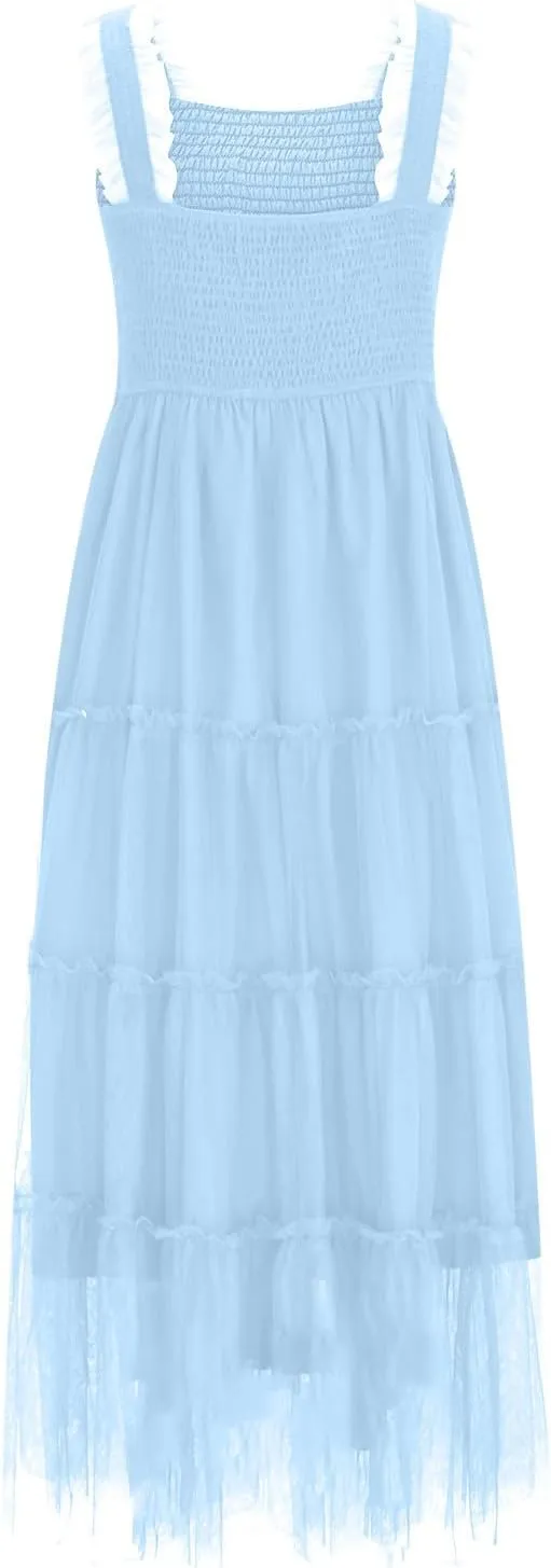 Women's 2025 Summer Solid Color Boho Dress Square Neck Strapped Swing A Line Sundress Beach Long Layering Maxi Outfit