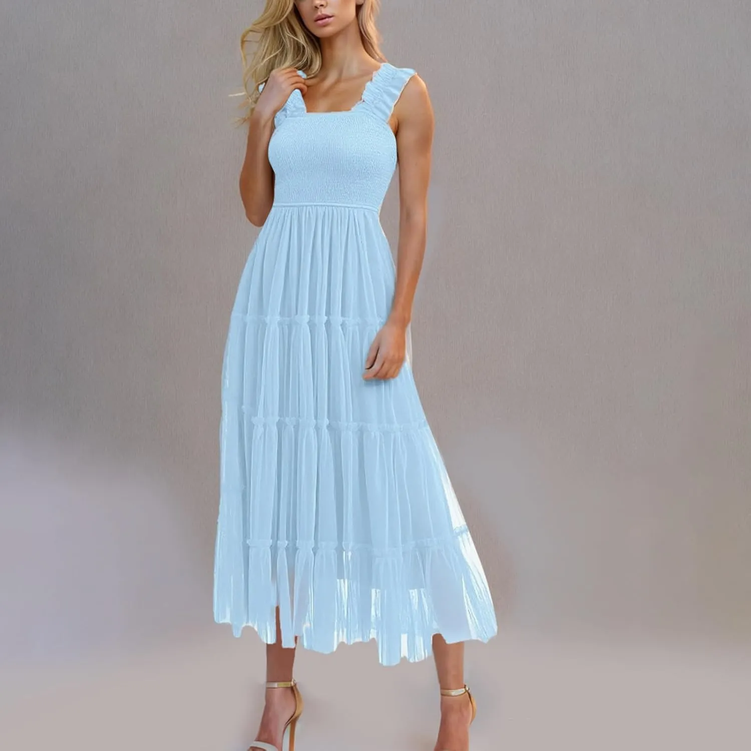Women's 2025 Summer Solid Color Boho Dress Square Neck Strapped Swing A Line Sundress Beach Long Layering Maxi Outfit