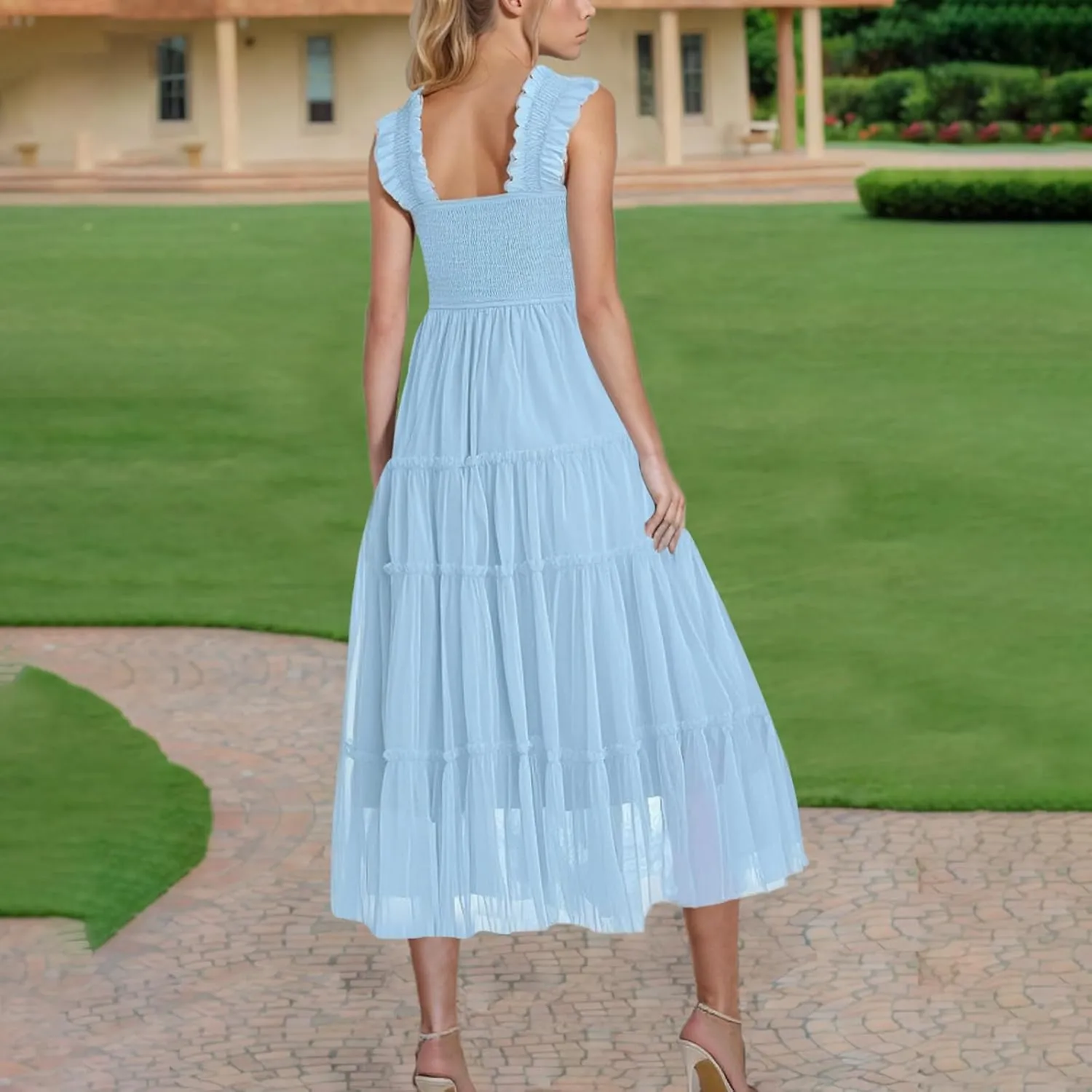 Women's 2025 Summer Solid Color Boho Dress Square Neck Strapped Swing A Line Sundress Beach Long Layering Maxi Outfit