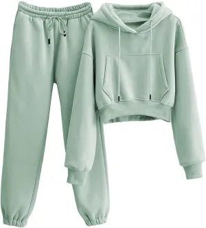 Women's 2pc Airport Outfits Casual Hoodie Fleece Tracksuit Sweatshirt Pullover Jogging Pants Pockets
