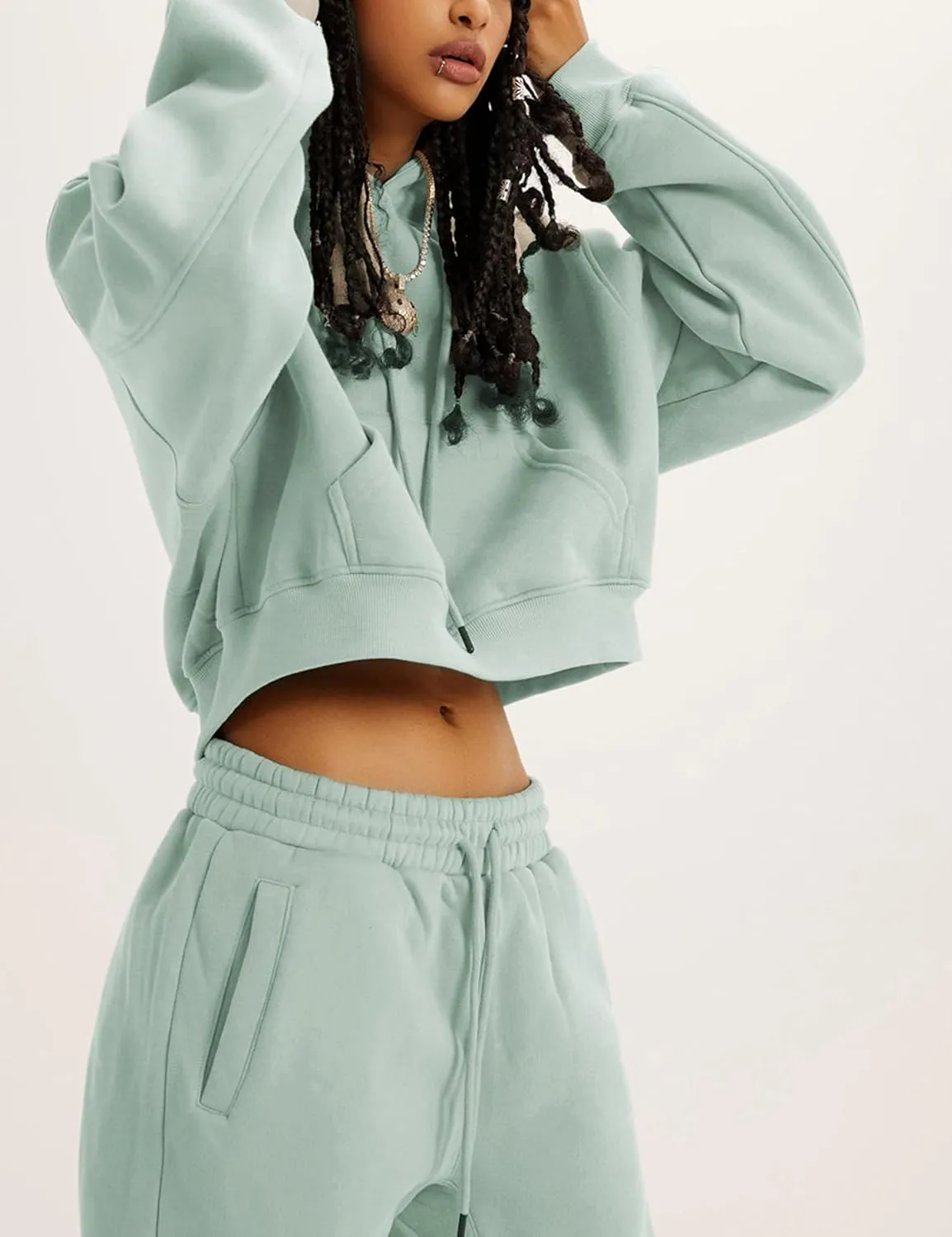 Women's 2pc Airport Outfits Casual Hoodie Fleece Tracksuit Sweatshirt Pullover Jogging Pants Pockets