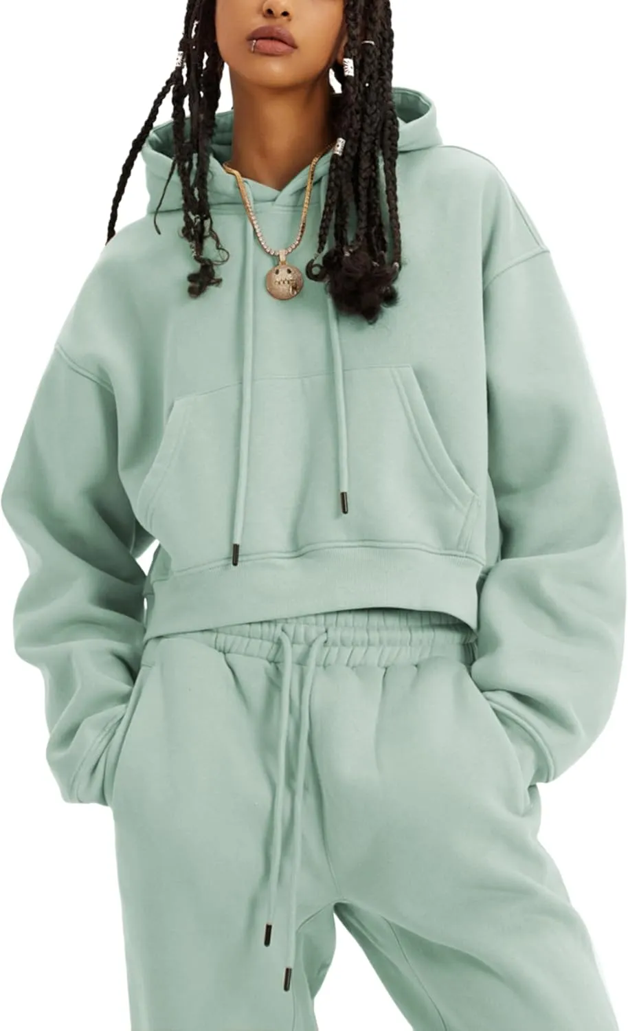 Women's 2pc Airport Outfits Casual Hoodie Fleece Tracksuit Sweatshirt Pullover Jogging Pants Pockets