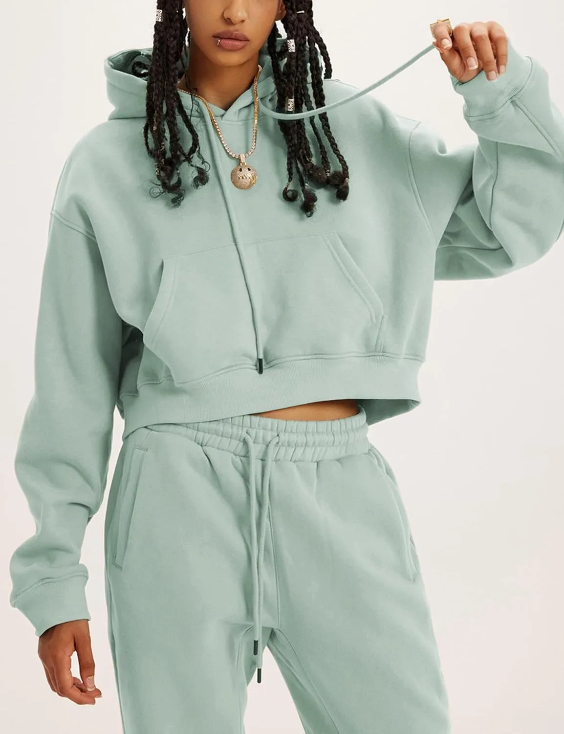 Women's 2pc Airport Outfits Casual Hoodie Fleece Tracksuit Sweatshirt Pullover Jogging Pants Pockets