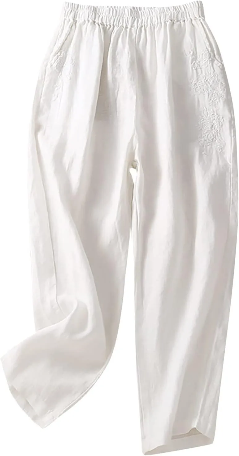 Women's Athletic Leggings Ladies Trousers High Waist Wide Leg Trouser Fit Loose Work Office Elastic Long (White, XL)