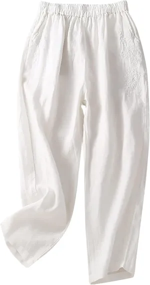 Women's Athletic Leggings Ladies Trousers High Waist Wide Leg Trouser Fit Loose Work Office Elastic Long (White, XL)
