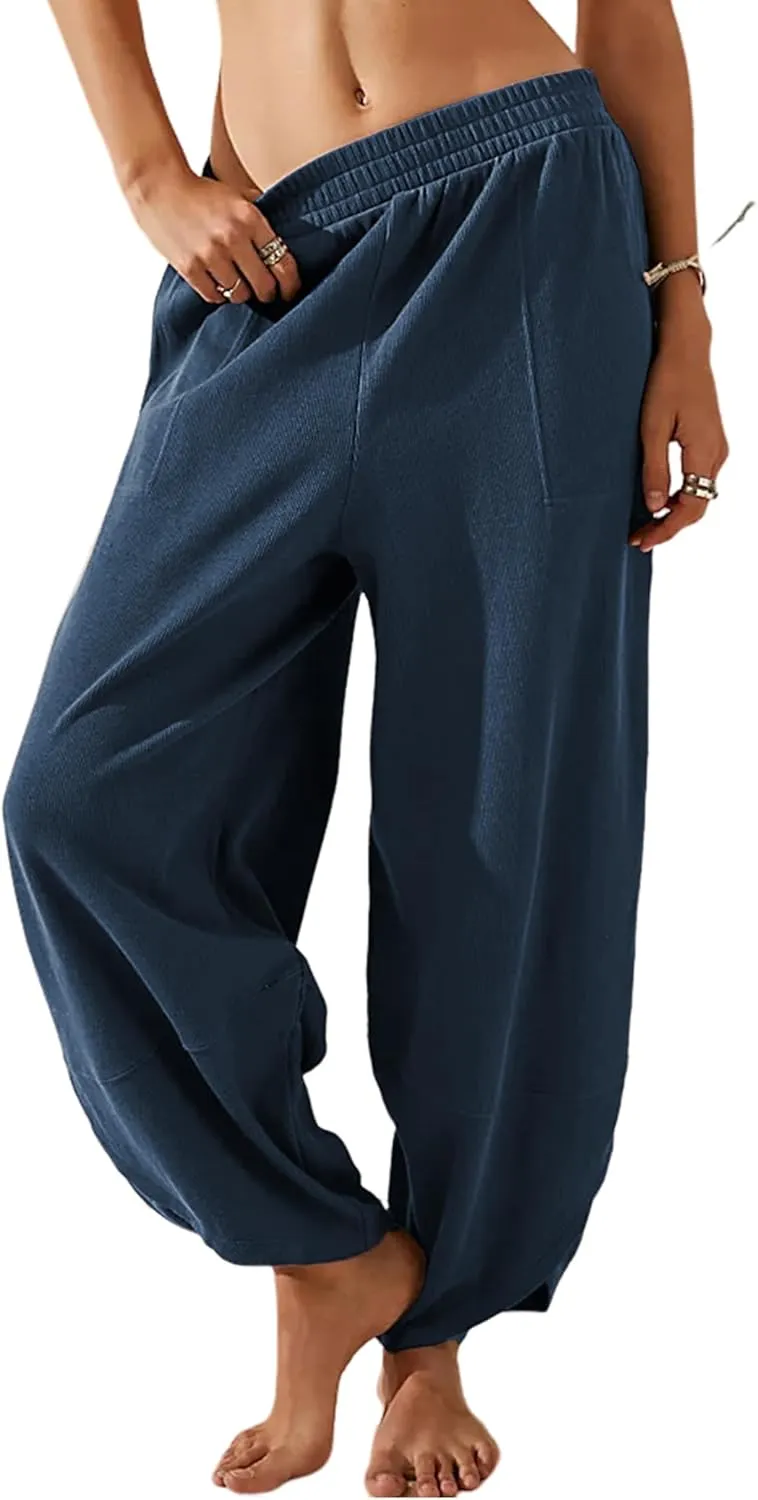 Womens Baggy Pants Wide Leg Cotton Elastic Waist Lounge Pants with Pockets