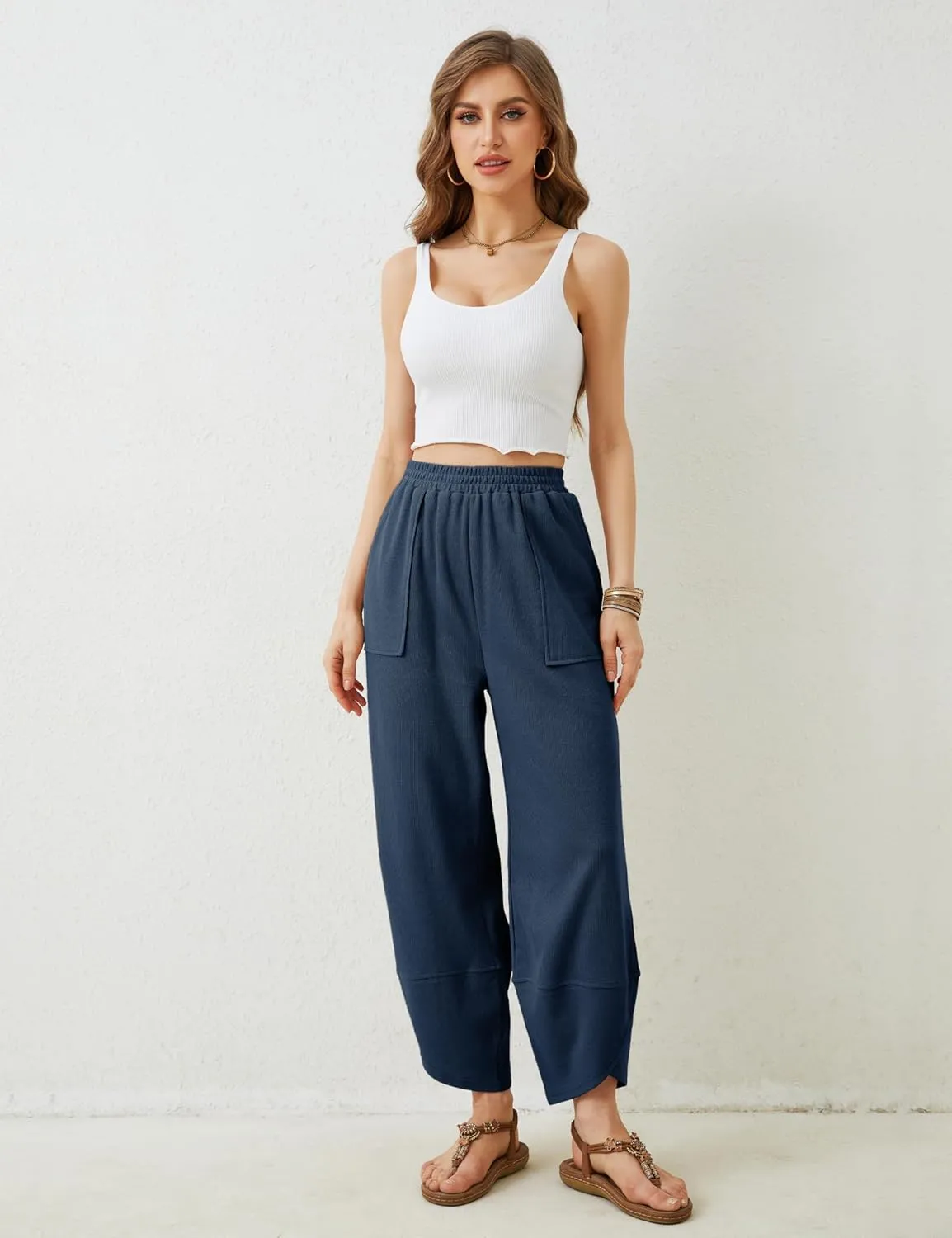 Womens Baggy Pants Wide Leg Cotton Elastic Waist Lounge Pants with Pockets