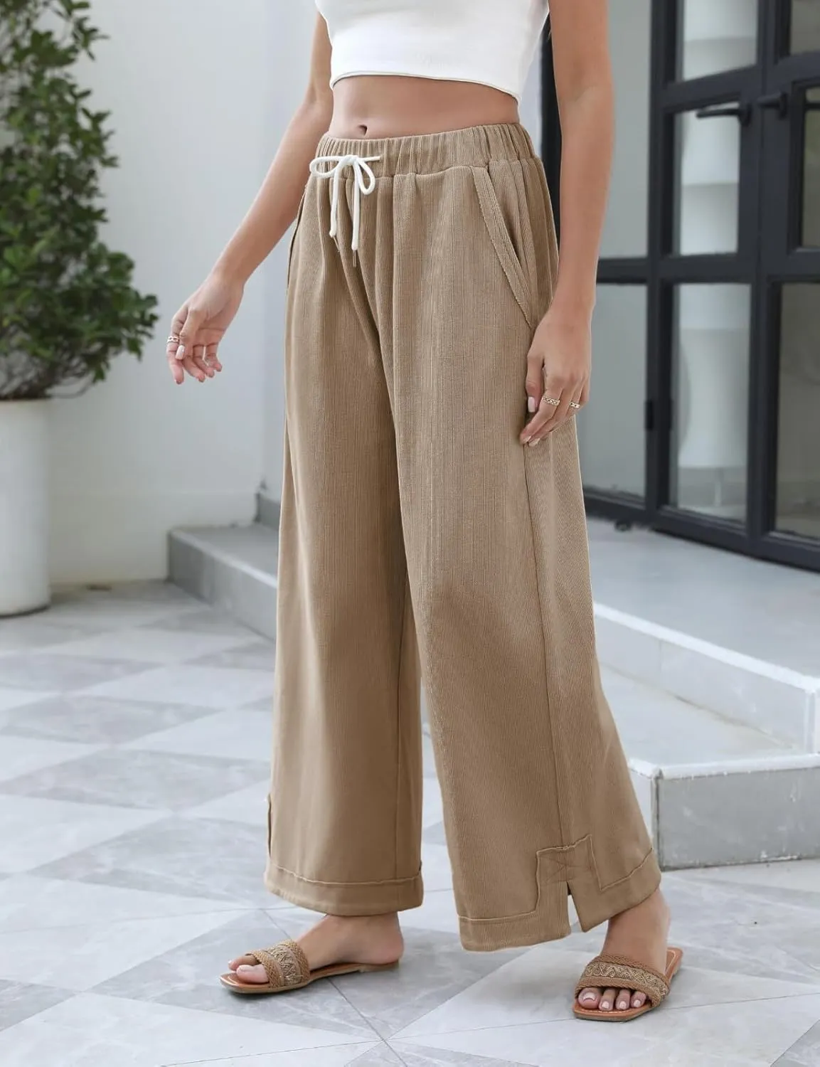 Womens Baggy Wide Leg Pants 2025 Summer Casual Loose Cotton Drawstring Elastic Waist Palazzo Trousers with Pockets