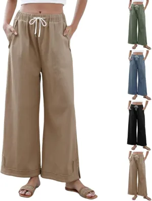 Womens Baggy Wide Leg Pants 2025 Summer Casual Loose Cotton Drawstring Elastic Waist Palazzo Trousers with Pockets