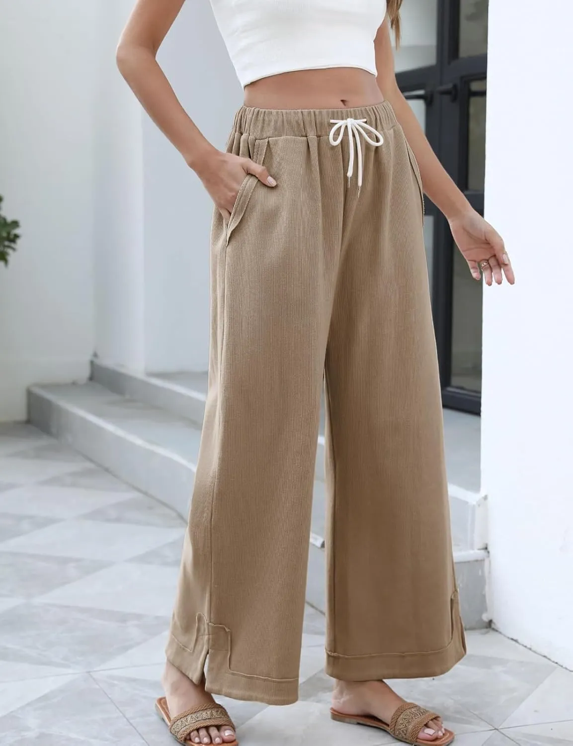 Womens Baggy Wide Leg Pants 2025 Summer Casual Loose Cotton Drawstring Elastic Waist Palazzo Trousers with Pockets