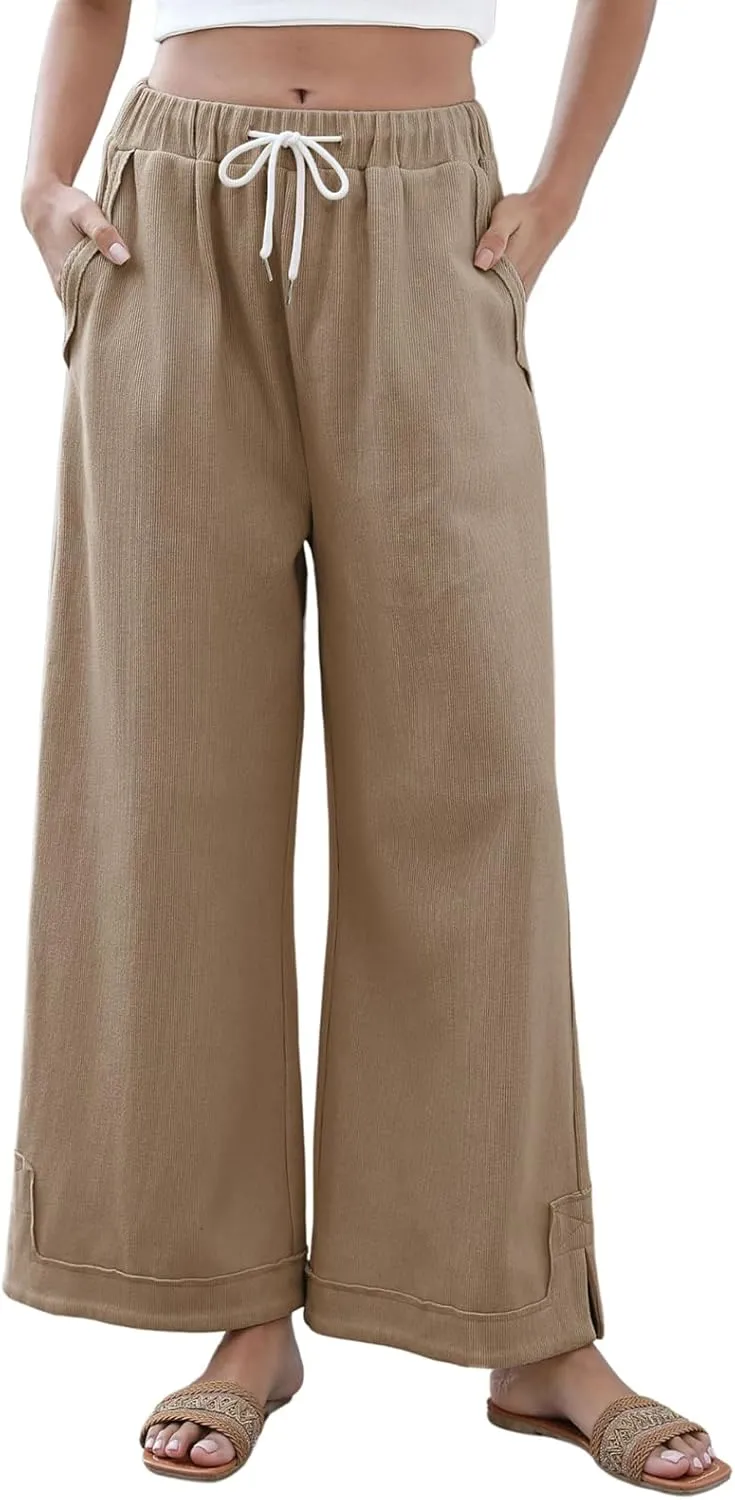 Womens Baggy Wide Leg Pants 2025 Summer Casual Loose Cotton Drawstring Elastic Waist Palazzo Trousers with Pockets