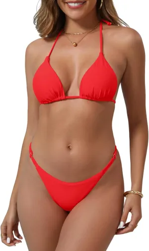 Women's Bikini Sets Triangle Sexy String Two Piece Halter Bikini Sets Ring Triangle Swimsuit Cheeky Thong Bathing Suit