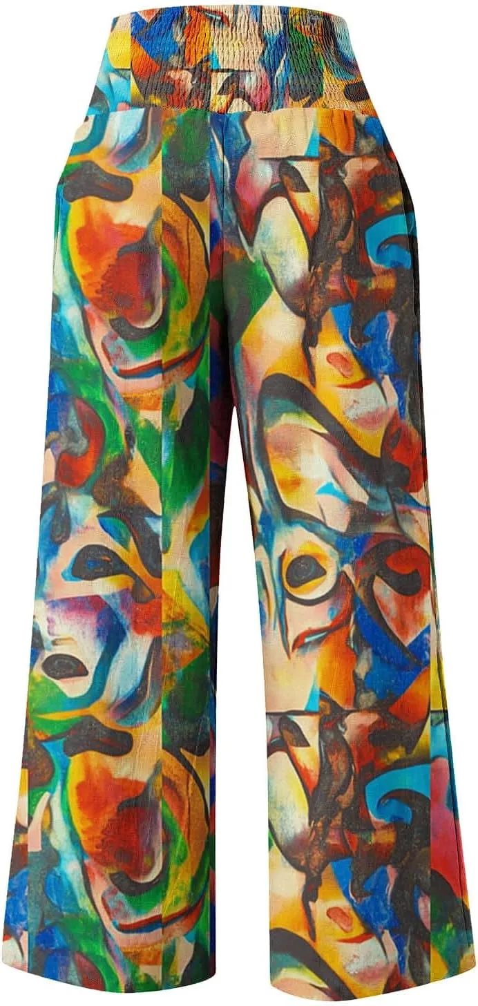 Womens Bohemian Wide Leg Pants Smocked High Waist Flowy Beach Trousers 2025 Summer Casual Boho Loose Palazzo Pants